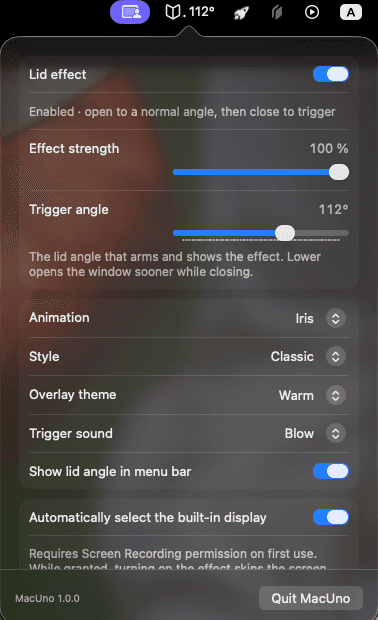 MacUno's real menu bar and Settings panel showing the live 112° lid-angle readout, trigger angle, animation, style, overlay theme, and trigger sound controls